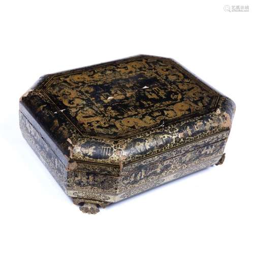 Black lacquer export box Chinese, circa 1800 with fitted interior of trays and small compartments