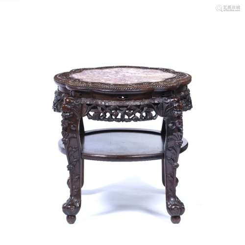 Hardwood large two tier urn stand Chinese, late 19th Century with inset marble top on stylised