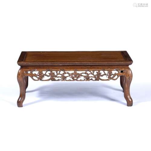 Hardwood kang table Chinese with carved fruit frieze 77cm across x 42cm wide x 32cm high