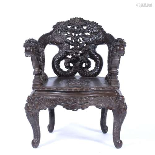 Carved dragon back chair Chinese, 19th Century the seat with key design 68cm across
