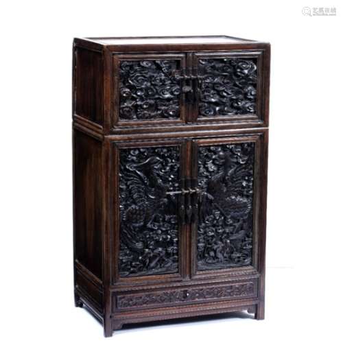 Zitan wood table cabinet Chinese, Guangxu period with copper padlock mounts, formed in two double