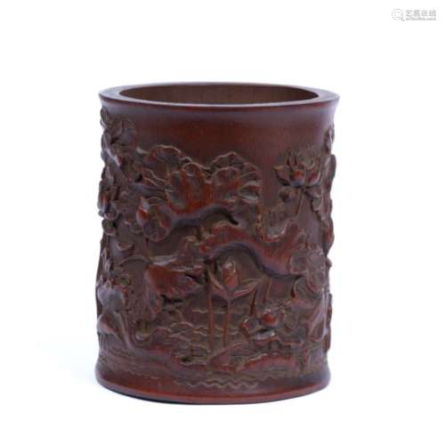 Bamboo brush pot Chinese, 19th/20th Century carved with lotus flowers and leaves with carved poem