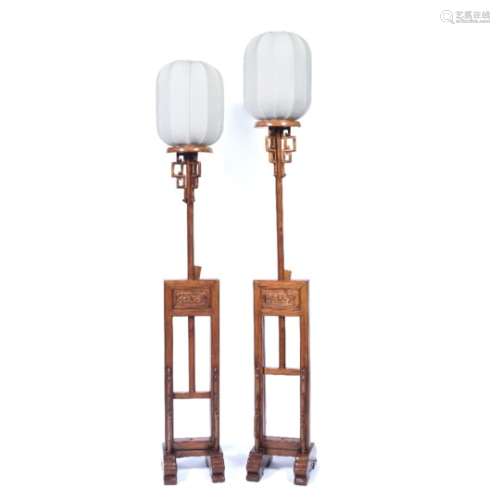 Pair hardwood standard lamps Chinese 20th Century adjustable, with lantern style shades, 161cm
