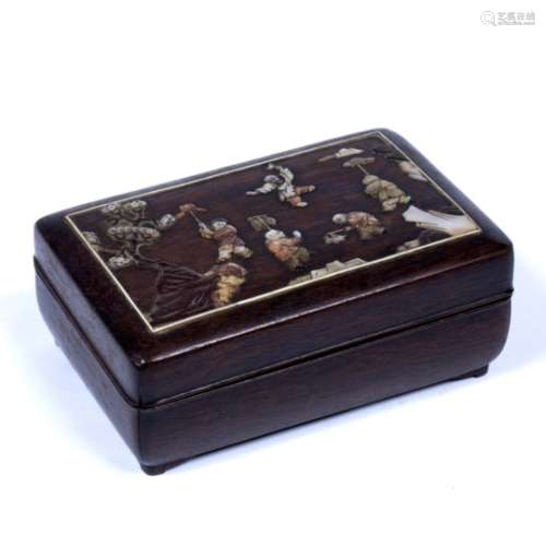 Hardwood and mother of pearl small box Chinese, late 19th Century depicting children playing in a