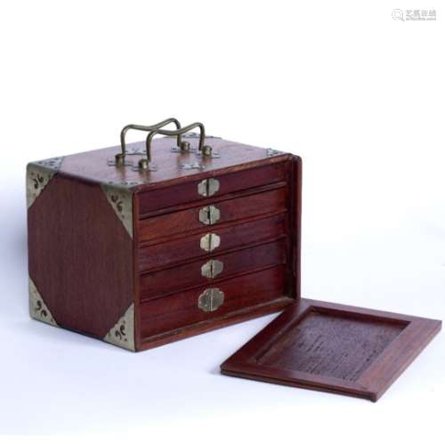 Mah-jong set Chinese in a hardwood case with brass mounts 23.5cm across