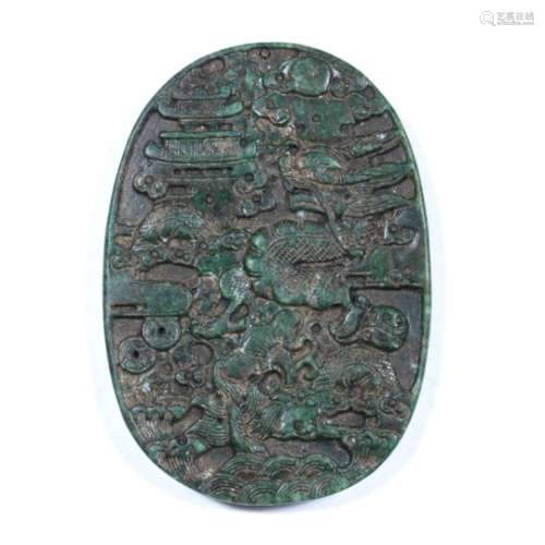 Ovoid malachite plaque Chinese, 19th Century carved in low relief with a dragon and pavilion set