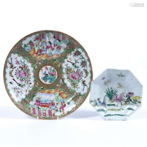 Canton plate Chinese, 19th century decorated in panels depicting figures, birds & flowers together
