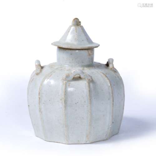 Qingbai lidded pot Chinese, possibly Yuan with faceted sides and four moulded handles to the sides