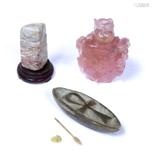 Fluorite snuff bottle and stand Chinese, 19th Century carved with fruit and leaves a hardstone