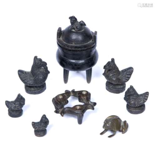 Bronze miniature censer and cover Chinese, 19th Century with stand 9cm five Nepalese opium weights