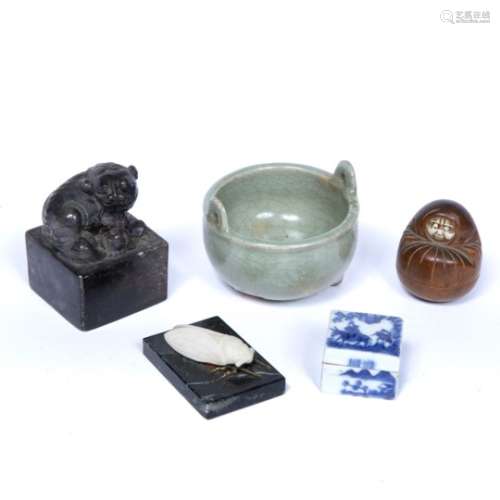 Small blue and white porcelain ink box and cover Chinese, 19th Century 3.5cm a celadon glazed
