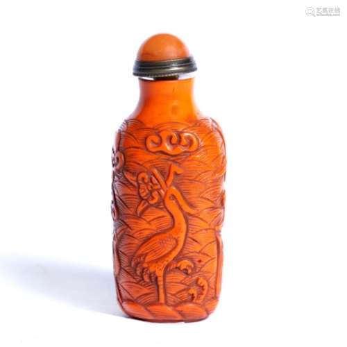 Peking glass coral coloured snuff bottle Chinese, late 19th Century of square form with various