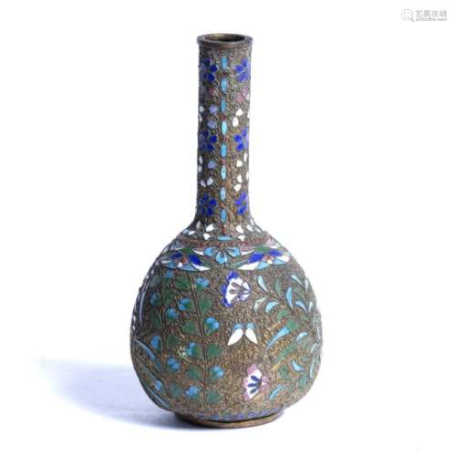 Enamel vase Chinese, circa 1900 with leaf decoration of a filigree ground 18cm high