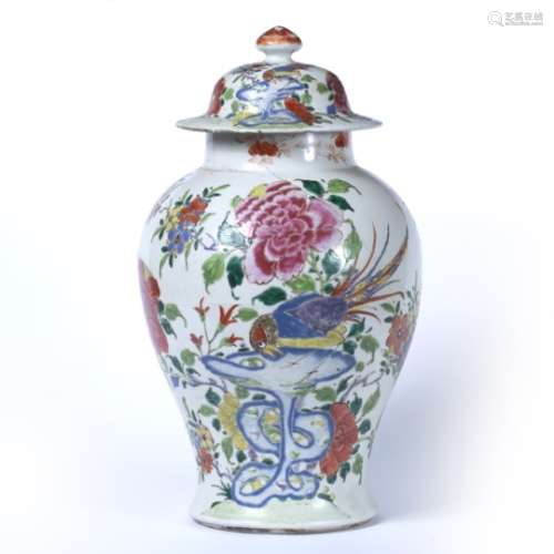 Famille rose vase and cover Chinese, late 18th Century painted with an exotic bird and flower sprays