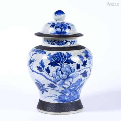 Crackle ware baluster vase and cover Chinese, 19th Century painted with birds and blossom 39.5cm
