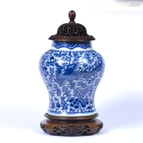 Blue and white baluster vase Chinese, 19th Century painted with phoenix and blossom with ruyi border