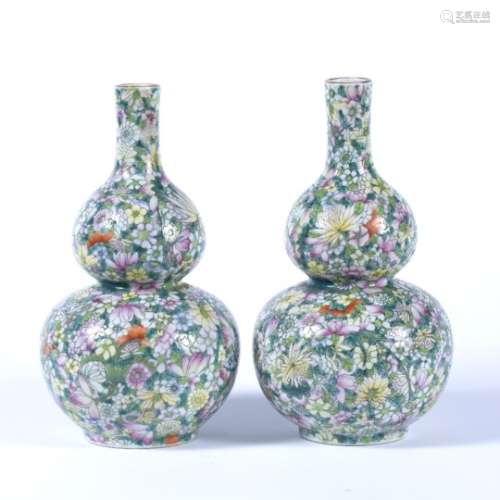 Pair of Canton double gourd vases Chinese, late 19th Century with millefleur enamelled decoration