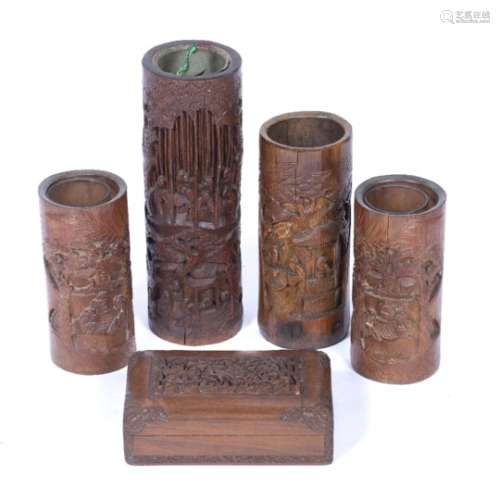 Four bamboo brush pots Chinese, late 19th Century largest 32cm and a Burmese hardwood box, 20cm