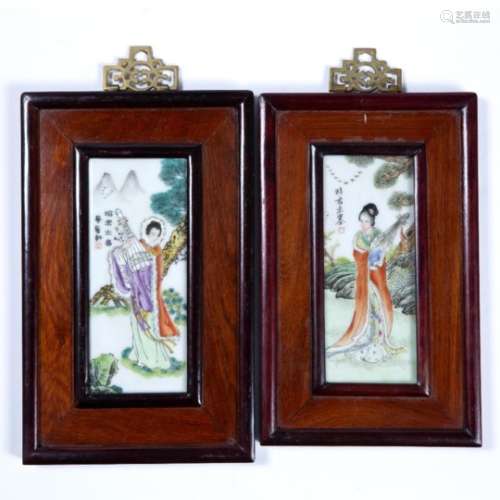Pair of small porcelain plaques Chinese, Republic period painted with female musicians 17cm x 7cm