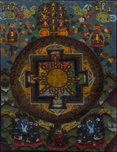 Thangka Tibetan in the form of mandala with various deities, framed 70cm x 52cm