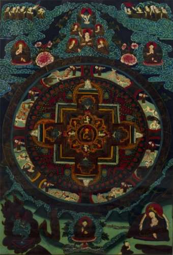 Thangka Tibetan in the form of a mandala with various deities, framed 70cm x 48cm