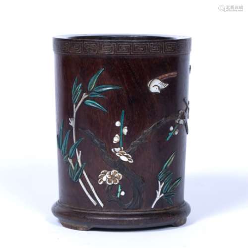 Huanghuali brush pot Chinese, 19th Century with mother of pearl and other hardstone mounts 13cm