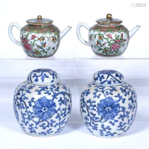Pair of Canton porcelain teapots Chinese 19th Century of ovoid form and two blue and white Chinese