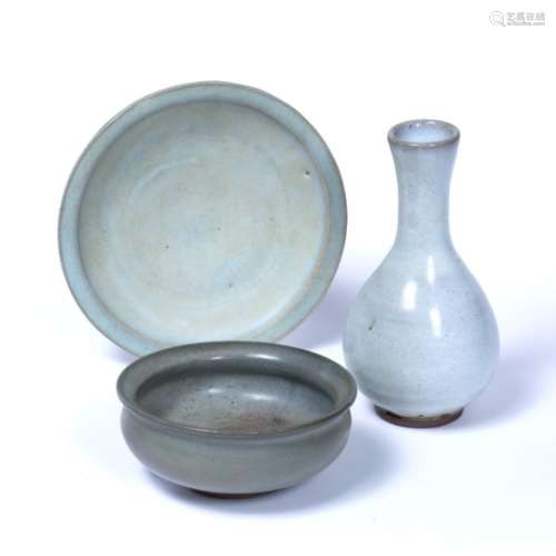 Jun style vase Chinese 19cm high a Jun style shallow bowl, 14cm and a dish, 18.5cm (3)