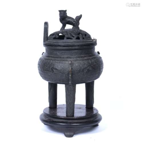 Bronze censer Chinese, 19th Century of archaic form with taotie and qilin finial, with hardwood