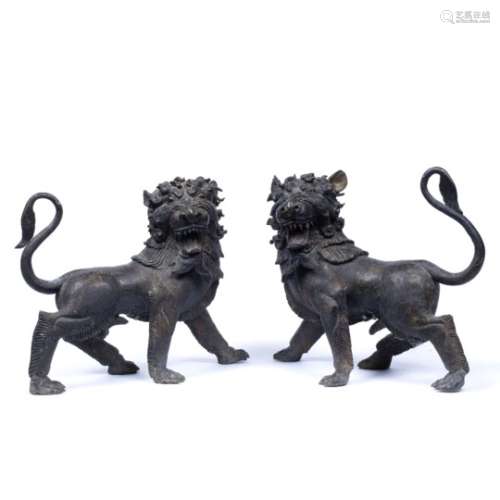 Pair of bronze lions Burmese each standing facing forward and growling 33cm