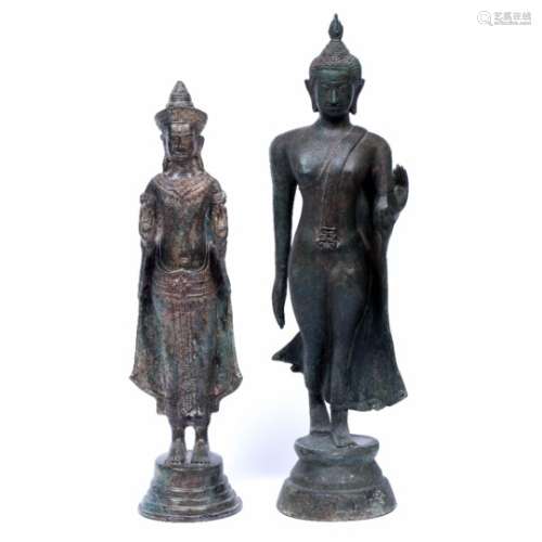 Bronze standing Buddha Khmer 17th Century style 58cm and one other Siamese bronze standing deity,
