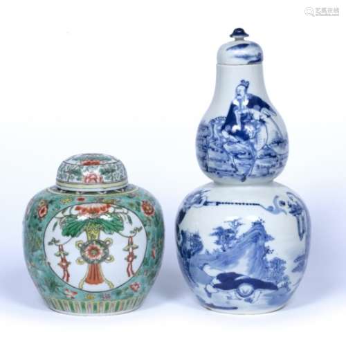Blue and white double gourd vase Chinese, 19th Century with various auspicious scenes, Kangxi four