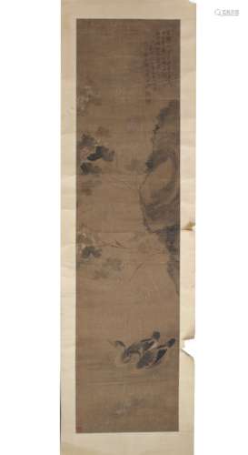 Scroll Chinese, 17th/18th Century two ducks in rocky landscape, inscribed and with seal 155cm x 39cm