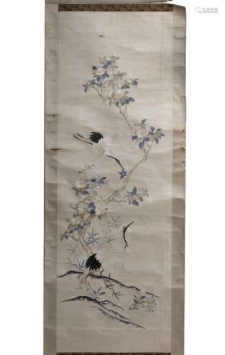 Two embroidered scrolls Chinese, 19th Century storks beneath flowering fruit tree 142cm x 50cm