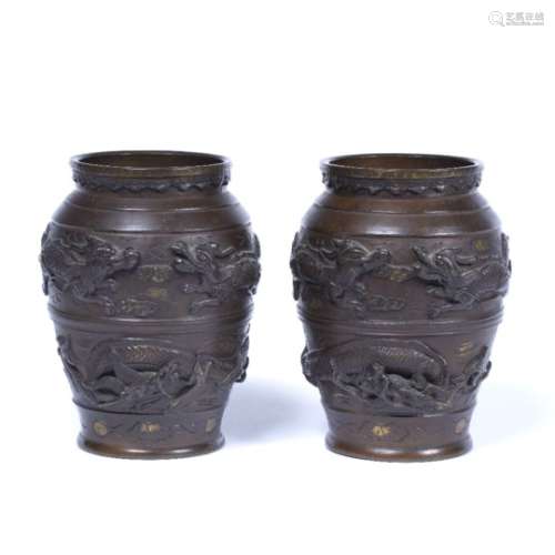 Pair of bronze vases Chinese, 20th Century depicting dragons and kylins in flight 14.5cm high