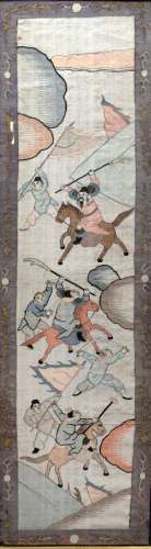 Kesi panel Chinese, circa 1900 depicting a warring cavalry scene 97cm x 28cm overall