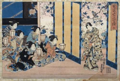 Utagawa Kunisada Japanese, 19th Century woodblock prints 'Imitating puppets' part panel 35.5cm x