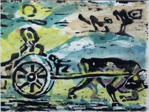 Sung Hwan Park (1919-2001) 'Carriage', woodblock and watercolour, signed and dated 1984 lower
