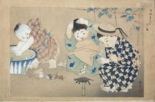 Pair of coloured prints after H. Matsuki Japanese depicting children playing 24cm x 36cm