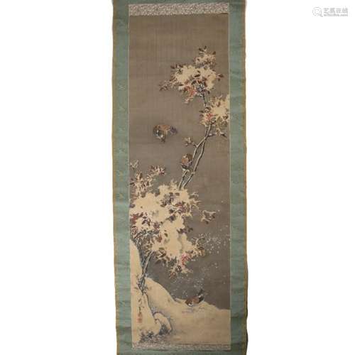 Scroll Japanese, 19th Century, watercolour of a bird painted panel measures 117cm x 35cm