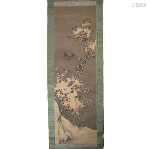 Scroll Japanese, 19th Century, watercolour of a bird painted panel measures 117cm x 35cm