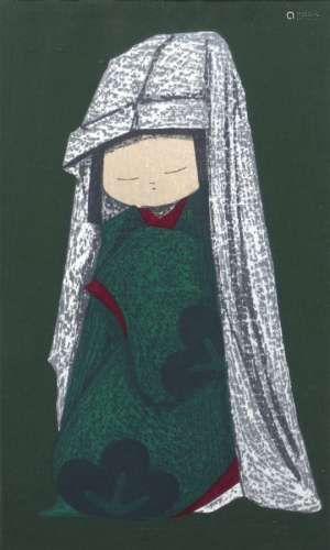 Kaoru Kawano (1916-1965) 'Girl with dove', 'Snow Camellia', 'Long Necks - Oban' Japanese, woodcut,