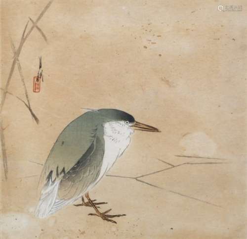 Gekkô Ogata (1859-1920) 'Two pigeons' print, 22cm x 23cm and 'Seated heron' print, 22cm x 23cm (2)