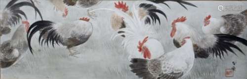 Okabe Nanpo (20th Century) Japanese 'Group of cockerels', watercolour on paper 14.5cm x 45cm