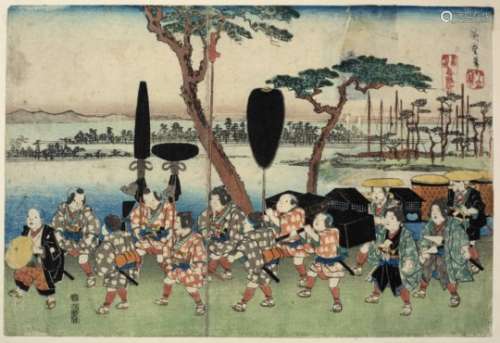 Utagawa Hiroshige Japanese 19th Century three scenes depicting a children's procession through the