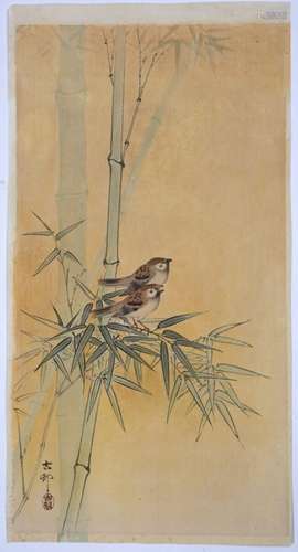 Koson Ohara Two tree sparrows on bamboo c 1920, Publisher: Daikokuya