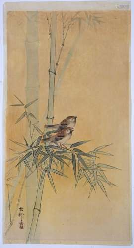Koson Ohara Two tree sparrows on bamboo c 1920, Publisher: Daikokuya