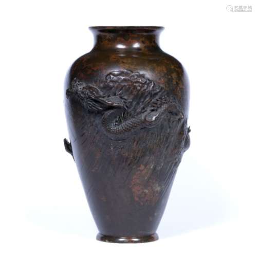 Bronze ovoid baluster vase Japanese, Meiji period with waisted neck, the body decorated in relief