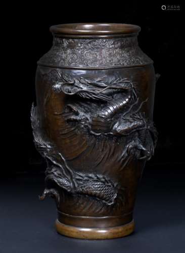 Bronze inverted baluster vase Japanese, Meiji period with waisted neck, the body decorated in high