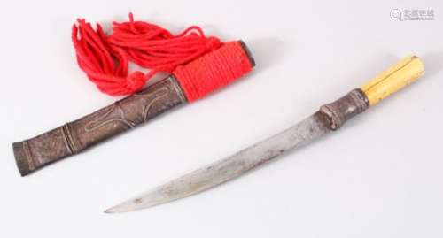 A GOOD PERSIAN / INDIAN BONE HANDLE DAGGER, with a white metal sheath, with red tassels,32.5cm